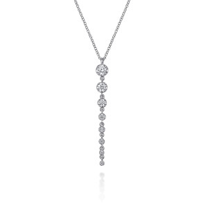 Gabriel & Co. NK7579W45JJ 14 karat white gold Lusso necklace, front view of the straight drop of graduated round diamonds, each in its own rounded mount