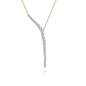 Gabriel & Co. NK7580M45JJ 14 karat white and yellow gold Kaslique necklace, close detail of the graduated round stones, each in its own round frame