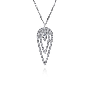 Gabriel & Co. NK7583W45JJ 14 karat white gold Kaslique necklace, front view of the double teardrop outline around the prong set pear stone