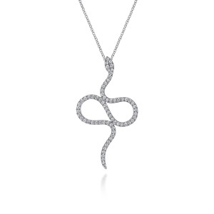 Gabriel & Co. NK7587W45JJ 14 karat white gold Kaslique necklace, front view of the looping snake, its diamond body and pointed head