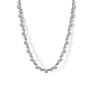 Gabriel & Co. NK7590W45JJ 14 karat white gold Lusso necklace, front view of alternating large and small round diamonds joined by tiny links
