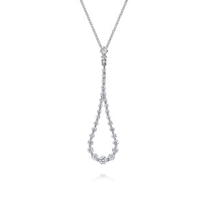 Gabriel & Co. NK7591W45JJ 14 karat white gold Lusso necklace, front view of the hollow teardrop loop narrowing into a stem of stones