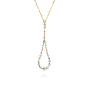 Gabriel & Co. NK7591Y45JJ 14 karat yellow gold Lusso necklace, front view of an open teardrop loop of graduated diamonds on a straight stem