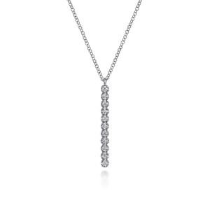 Gabriel & Co. NK7593W45JJ 14 karat white gold Lusso necklace, front view of the vertical line of round diamonds, each in a rounded setting