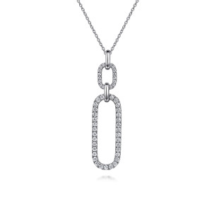 Gabriel & Co. NK7595W45JJ 14 karat white gold Lusso necklace, front view of the two open ovals with diamond edges and polished joining bars