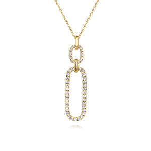 Gabriel & Co. NK7595Y45JJ 14 karat yellow gold Lusso necklace, front view of two stacked open loops, the lower longer, edged with a row of round diamonds