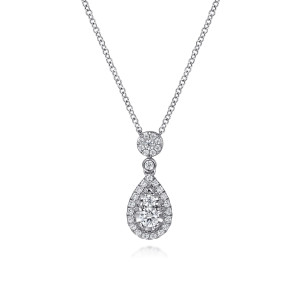 Gabriel & Co. NK7600W45JJ 14 karat white gold Lusso necklace, front view of the diamond disc, the bezel link and the pear halo holding two round diamonds