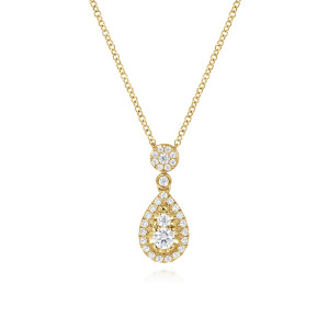Gabriel & Co. NK7600Y45JJ 14 karat yellow gold Lusso necklace, front view of the pave disc, bezel stone and teardrop halo holding two graduated diamonds