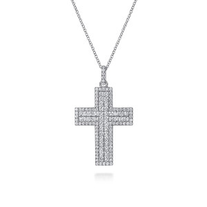 Gabriel & Co. NK7609W84JJ 18 karat white gold Lusso necklace, front view of a wide cross with square diamonds inside a round diamond border