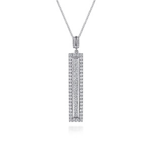 Gabriel & Co. NK7611W84JJ 18 karat white gold Lusso necklace, front view of the vertical bar with its square cut middle line and beaded bail