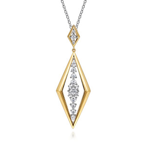 Gabriel & Co. NK7612-20M84JJ 18 karat white and yellow gold Contemporary necklace, front view of the pointed open frame with graduated diamonds and a small connector above