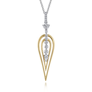 Gabriel & Co. NK7613M84JJ 18 karat white and yellow gold Contemporary necklace, front view of the nested teardrop outlines around the graduated line of diamonds