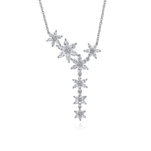 Gabriel & Co. NK7614W84JJ 18 karat white gold Lusso necklace, front view of the uneven cluster of flowers leading into the straight drop
