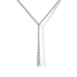 Gabriel & Co. NK7616W84JJ 18 karat white gold Lusso necklace, front view of the Y drop, stones growing larger toward its bottom, with the diamond line above