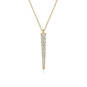 Gabriel & Co. NK7618Y84JJ 18 karat yellow gold Kaslique necklace, front view of the tapered spike with its round and marquise stones and small top loop