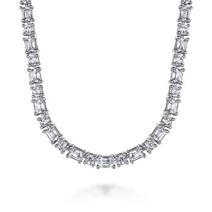 Gabriel & Co. NK7620W84JJ 18 karat white gold Lusso necklace, front view of rectangular and round diamonds alternating in individual prong settings