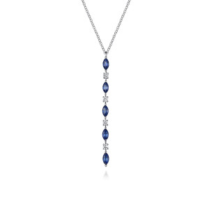 Gabriel & Co. NK7625W45SA 14 karat white gold Color necklace, front view of the vertical drop of blue marquise stones and round colorless diamonds