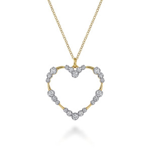 Gabriel & Co. NK7628Y45JJ 14 karat yellow gold Contemporary necklace, front view of an open heart with diamond clusters at the dip, sides and point