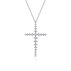 Gabriel & Co. NK7631W45JJ 14 karat white gold Lusso necklace, front view of the cross with its diamonds graduating in size toward each tip