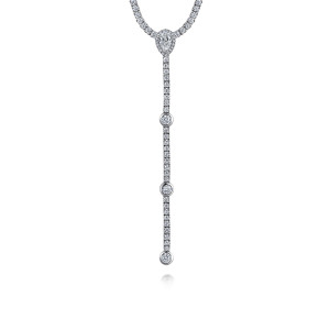 Gabriel & Co. NK7643W45JJ 14 karat white gold Lusso necklace, close detail of the pear shaped halo and the straight drop with round bezel set stones
