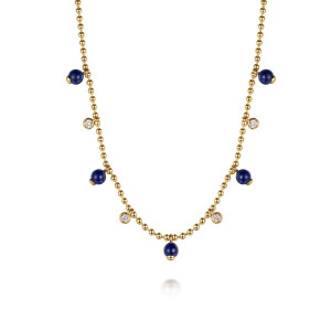 Gabriel & Co. NK7659Y4JMC 14 karat yellow gold Bujukan necklace, front view of deep blue beads alternating with bezel set colorless stones on the bead chain