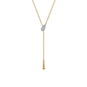 Gabriel & Co. NK7661M45JJ 14 karat white and yellow gold Bujukan necklace, front view of the teardrop frame, the thin drop and the graduated beads at its tip