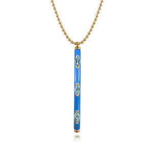 Gabriel & Co. NK7679ECY4JBT 14 karat yellow gold Bujukan necklace, front view of the blue enamel bar with its marquise stones and bead chain