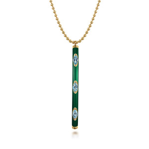Gabriel & Co. NK7679EQY4JBT 14 karat yellow gold Bujukan necklace, front view of the green enamel bar with its pale blue marquise stones and capped ends