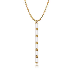 Gabriel & Co. NK7680E9Y4JJJ 14 karat yellow gold Bujukan necklace, front view of the glossy enamel bar with a column of raised square studs and capped ends