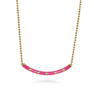 Gabriel & Co. NK7681EFY45JJ 14 karat yellow gold Bujukan necklace, front view of the curved bar, five bezel set diamonds and the bead chain ends