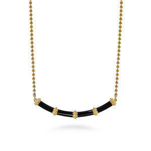 Gabriel & Co. NK7682E8Y4JJJ 14 karat yellow gold Bujukan necklace, front view of the curved black enamel bar and its beaded collars