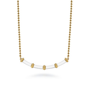 Gabriel & Co. NK7682E9Y4JJJ 14 karat yellow gold Bujukan necklace, front view of the curved enamel bar, its dotted collars and the bead chain