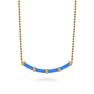 Gabriel & Co. NK7682ECY4JJJ 14 karat yellow gold Bujukan necklace, front view of the curved blue enamel bar with its ornate beaded collars