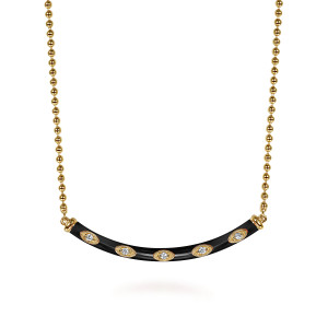 Gabriel & Co. NK7683E8Y45JJ 14 karat yellow gold Bujukan necklace, front view of the curved black enamel bar with its framed diamonds and bead chain