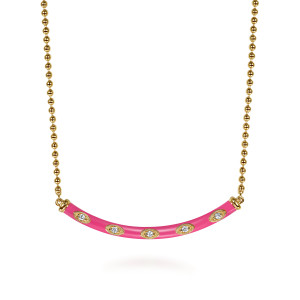 Gabriel & Co. NK7683EFY45JJ 14 karat yellow gold Bujukan necklace, front view of the curved pink enamel bar, its pointed oval frames and the bead chain