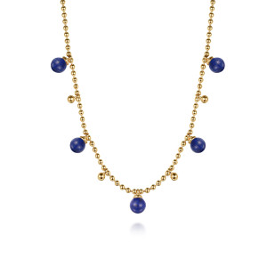 Gabriel & Co. NK7690Y4JLP 14 karat yellow gold Bujukan necklace, front view of the dangling blue round beads alternating with plain metal ball drops