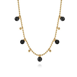 Gabriel & Co. NK7690Y4JOX 14 karat yellow gold Bujukan necklace, front view of black round beads dangling between small metal balls