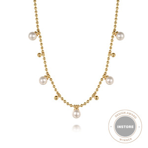 Gabriel & Co. NK7690Y4JPL 14 karat yellow gold Bujukan necklace, front view of the round pearl drops alternating with small dangling metal beads