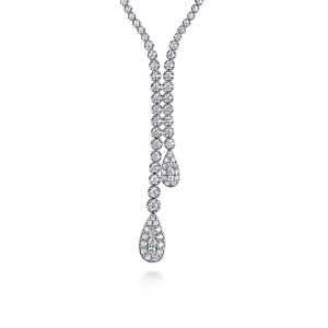 Gabriel & Co. NK7692W45JJ 14 karat white gold Lusso necklace, front view of paired strands of round diamonds ending in two pave teardrops
