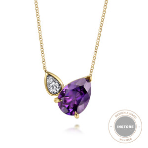 Gabriel & Co. NK7695M45AM 14 karat white and yellow gold Color necklace, front view of a purple pear stone in prongs beside a teardrop frame of round diamonds