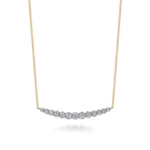 Gabriel & Co. NK7698M45JJ 14 karat white and yellow gold Lusso necklace, front view of the stones growing larger toward the middle of the curved bar