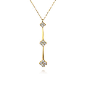 Gabriel & Co. NK7701Y45JJ 14 karat yellow gold Contemporary necklace, front view of three clover motifs of round diamonds linked by tapering plain rods