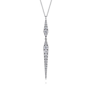 Gabriel & Co. NK7705W45JJ 14 karat white gold Kaslique necklace, front view of the kite and tapering spike drop with graduated round stones on a fine chain