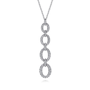 Gabriel & Co. NK7706W45JJ 14 karat white gold Lusso necklace, front view of the open oval links widening downward, joined by diamond connectors