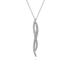 Gabriel & Co. NK7708W45JJ 14 karat white gold Lusso necklace, front view of two diamond strands crossing in a twist around a larger stone