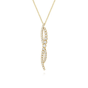 Gabriel & Co. NK7708Y45JJ 14 karat yellow gold Lusso necklace, front view of the two crossing diamond strands, one fine and one graduated