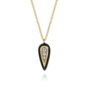 Gabriel & Co. NK7709E8M45JJ 14 karat white and yellow gold Kaslique necklace, front view of a black enamel teardrop with graduated round stones inside a polished rim