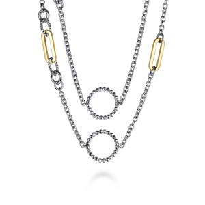 Gabriel & Co. NK7716-60MZJJJ sterling silver and 14 karat yellow gold Bujukan necklace, close detail of a beaded circle station with a warm toned oval link nearby
