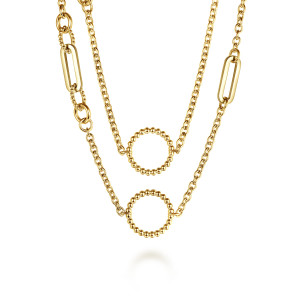 Gabriel & Co. NK7716-60Y4JJJ 14 karat yellow gold Bujukan necklace, close detail of beaded open circles and a flat link on the cable chain