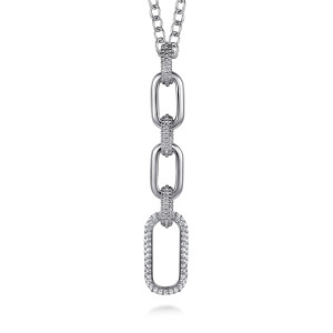 Gabriel & Co. NK7718-20SVJWS sterling silver Bujukan necklace, close detail of the three open links, bead textured bars and the pave link